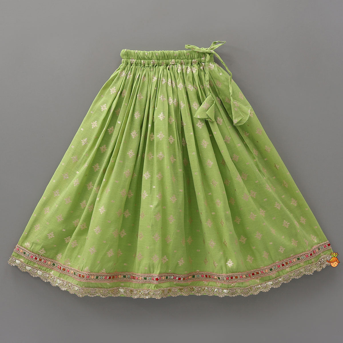 Pleated Hem Green Chanderi Embroidered Top And Lehenga With Net Dupatta