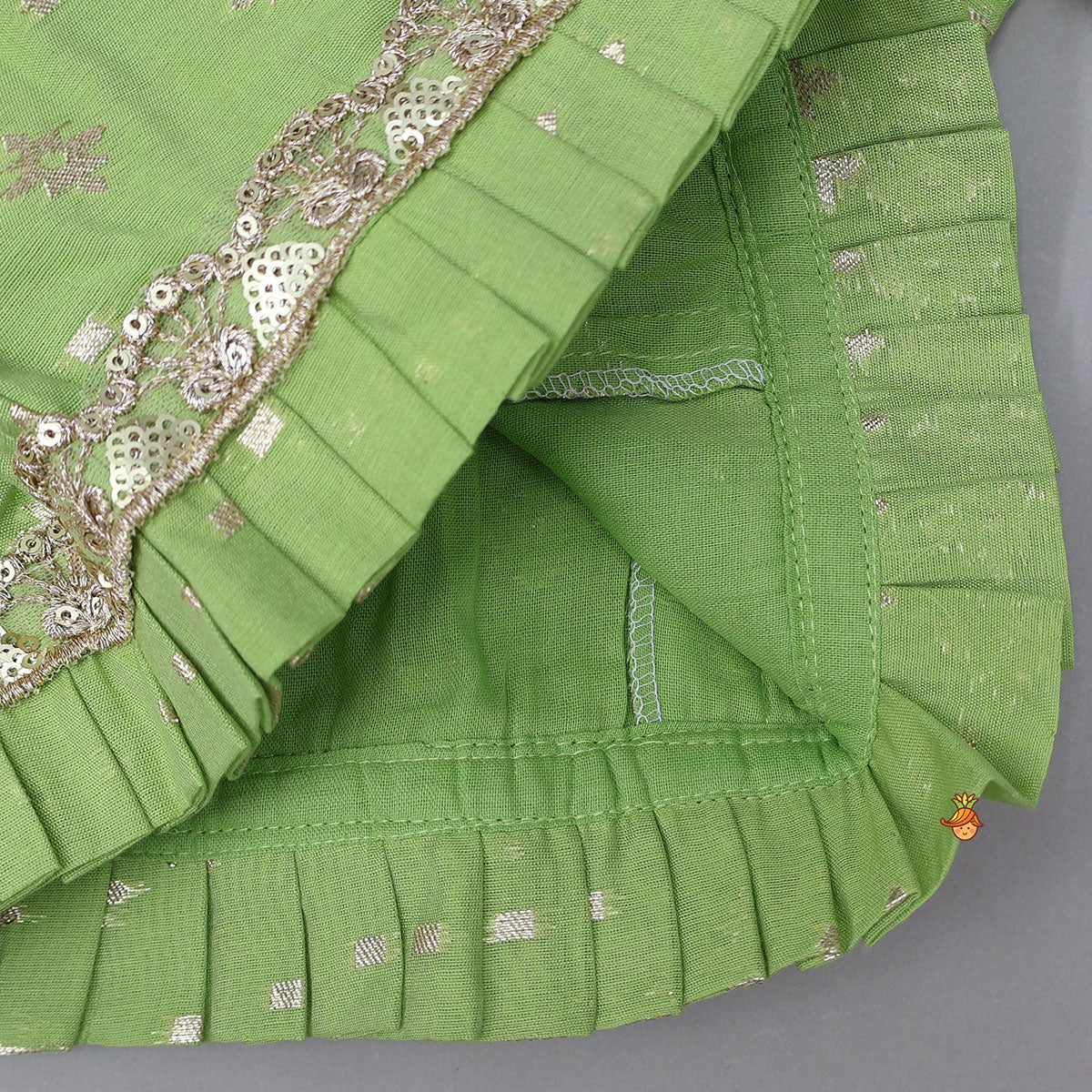 Pleated Hem Green Chanderi Embroidered Top And Lehenga With Net Dupatta