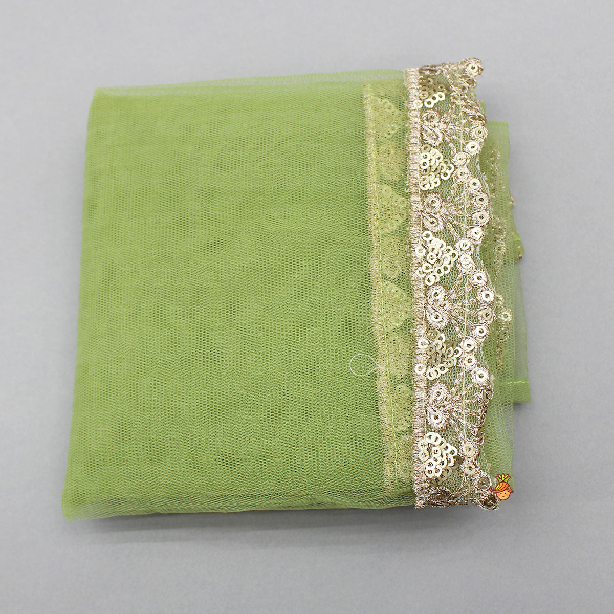 Pleated Hem Green Chanderi Embroidered Top And Lehenga With Net Dupatta