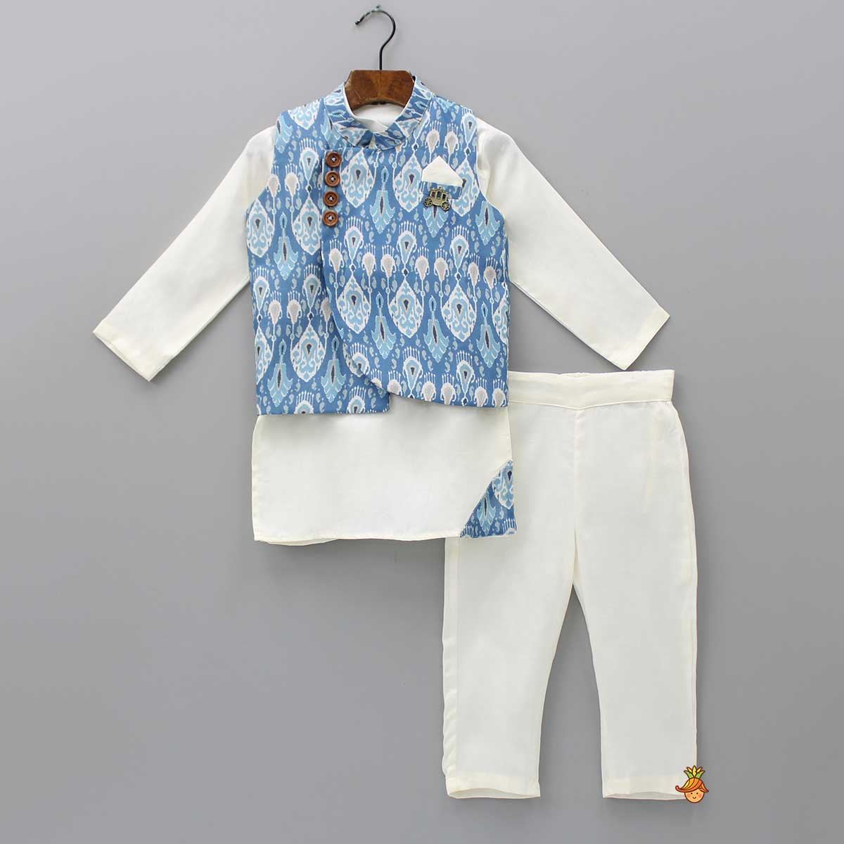 Off White Kurta With Stylish Hem Jacket And Pyjama
