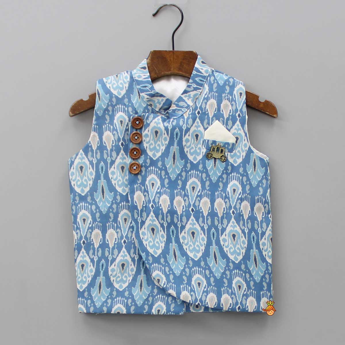 Off White Kurta With Stylish Hem Jacket And Pyjama