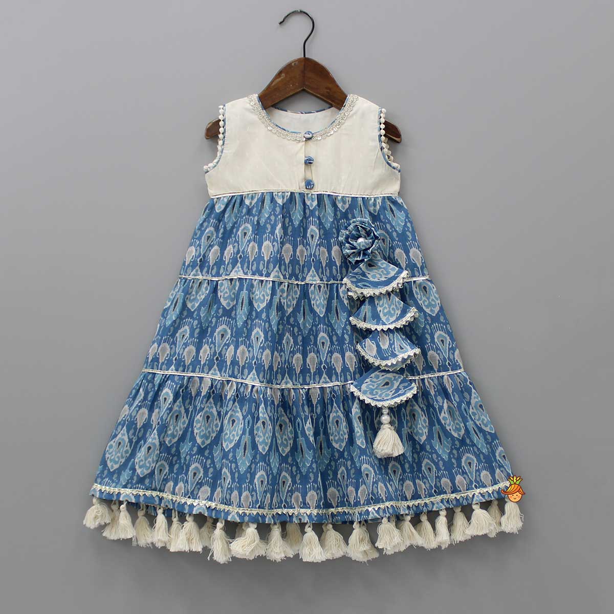 Fringed Hem Flared Dual Tone Kurti And Off White Palazzo