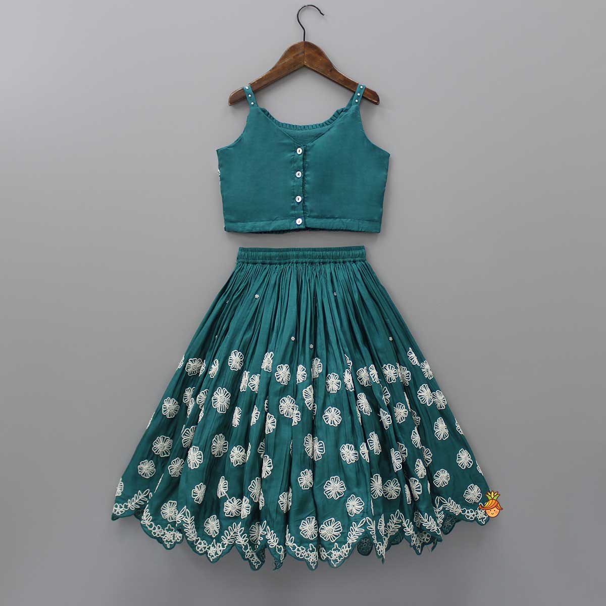 Silk Green Pleated Hem Top And Lehenga