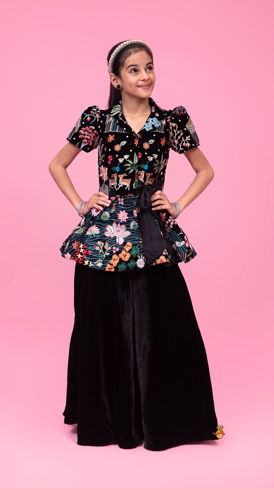 Embroidered Velvet Black Top And Flared Palazzo