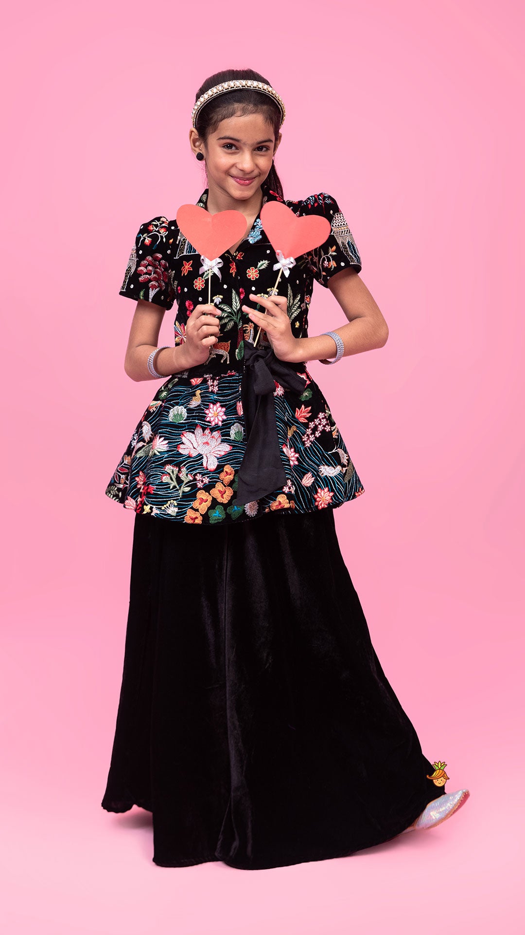 Embroidered Velvet Black Top And Flared Palazzo