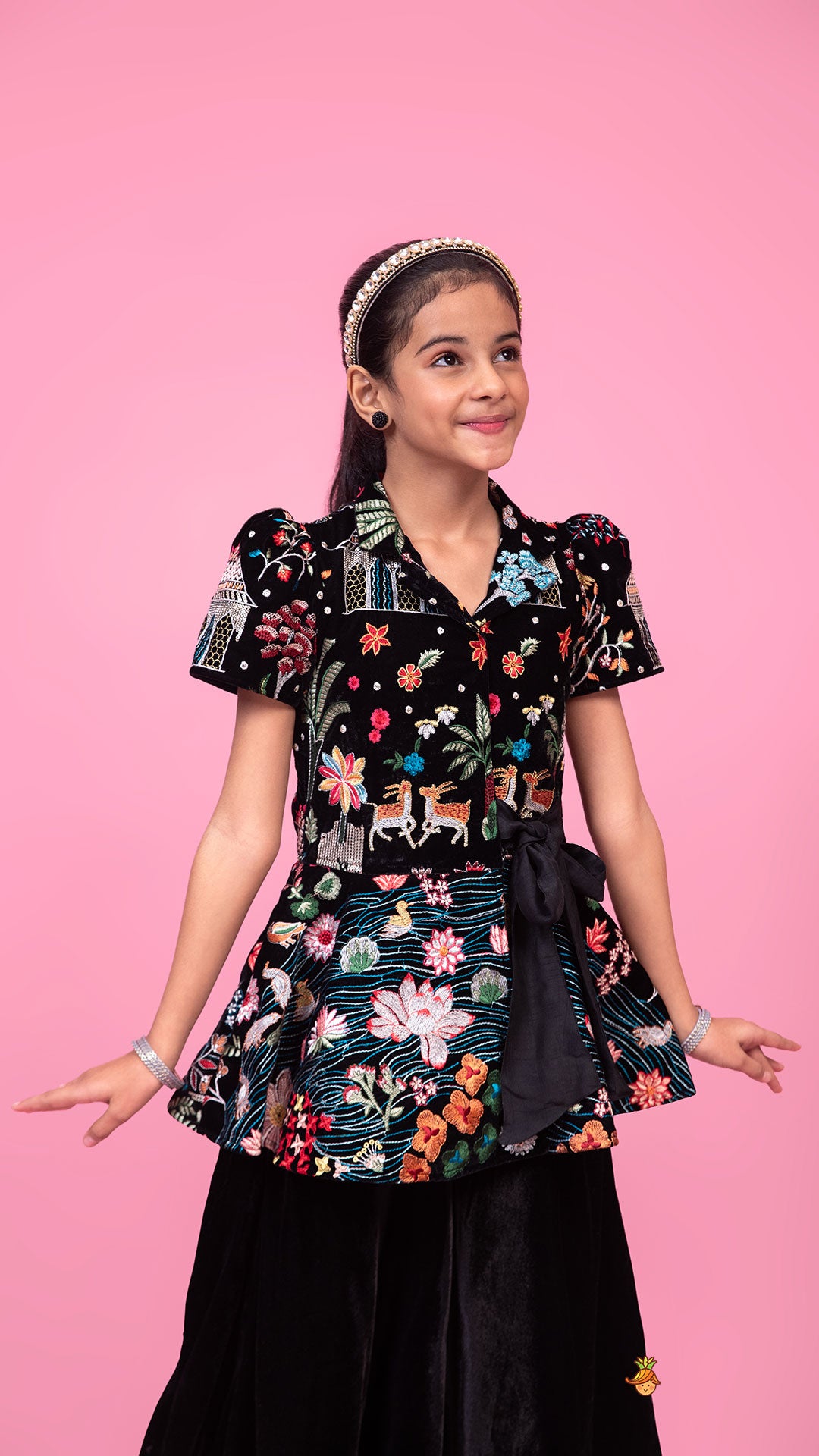 Embroidered Velvet Black Top And Flared Palazzo