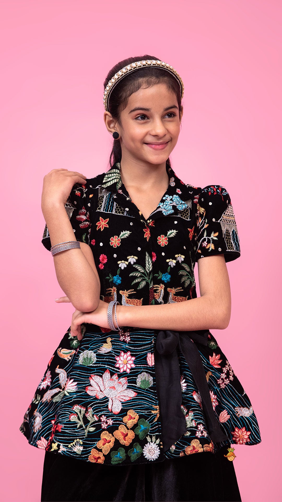 Embroidered Velvet Black Top And Flared Palazzo