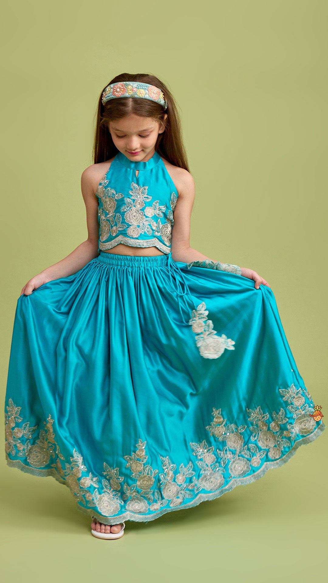 Halter Neck Embroidered Top With Embroidered Lehenga