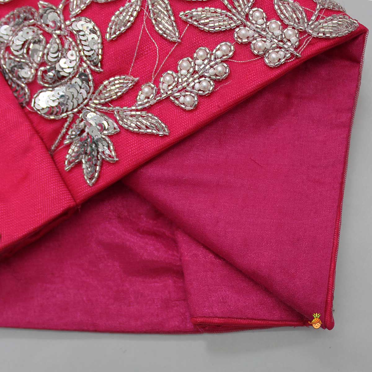 Pink Embroidered Crop Top And Net Layered Lehenga