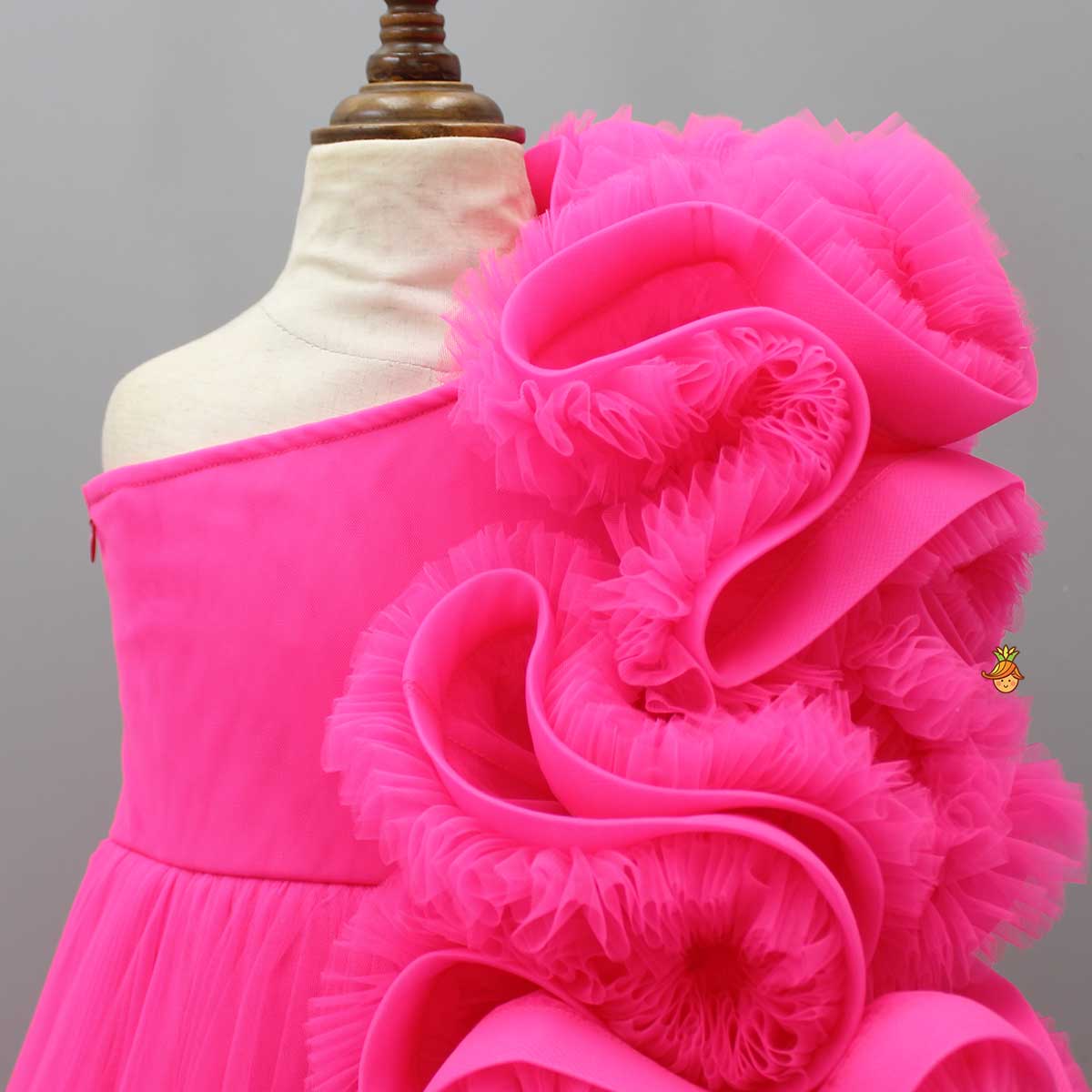 Pink One Shoulder Ruffle Net Gown