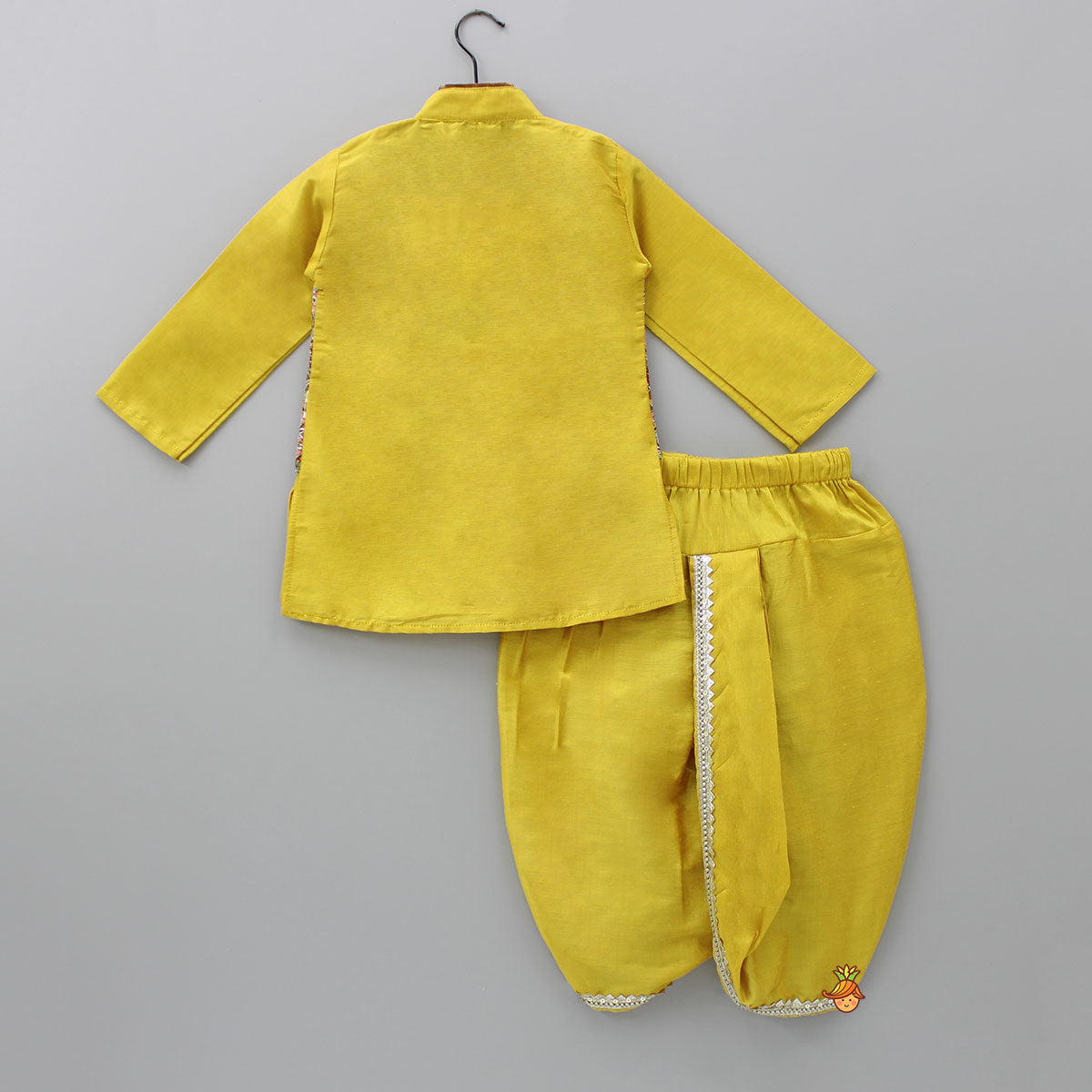 Mustard Kurta With Printed Flap Attached And Dhoti