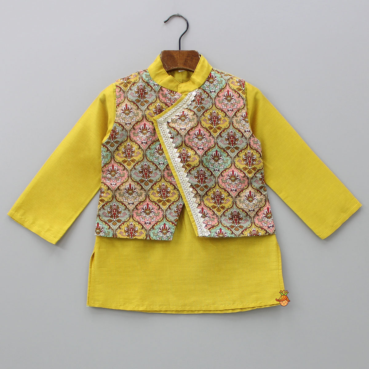 Mustard Kurta With Printed Flap Attached And Dhoti