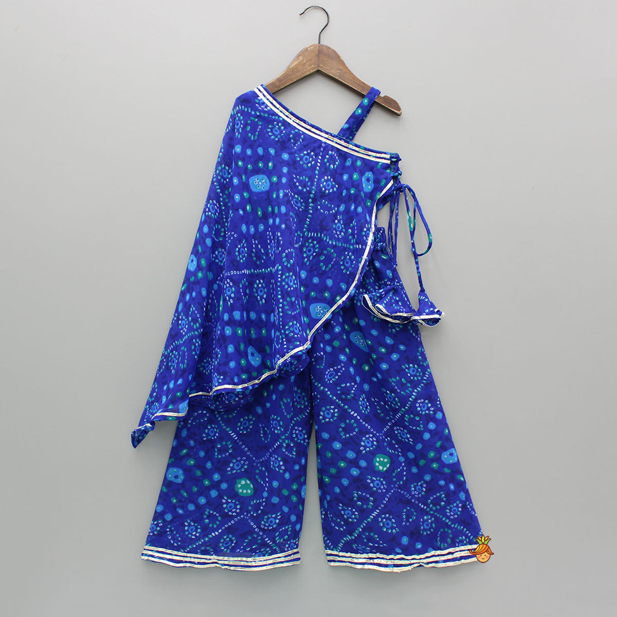 Bandhani Printed One-Shoulder Drape Top And Flared Palazzo