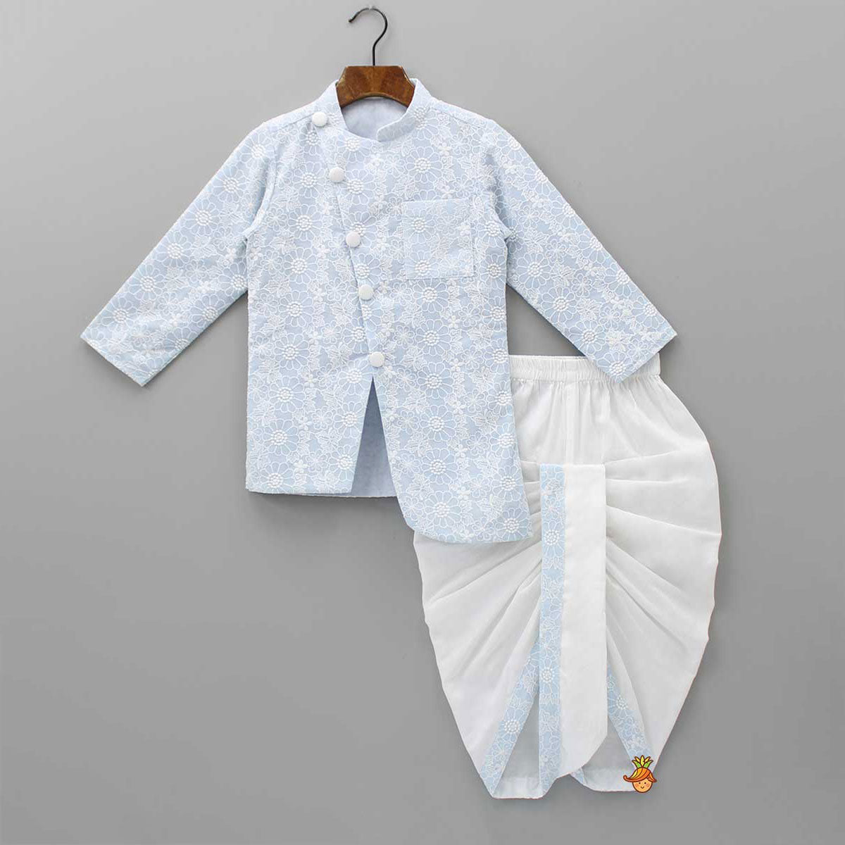 Thread Embroidered Asymmetric Blue Kurta And Dhoti