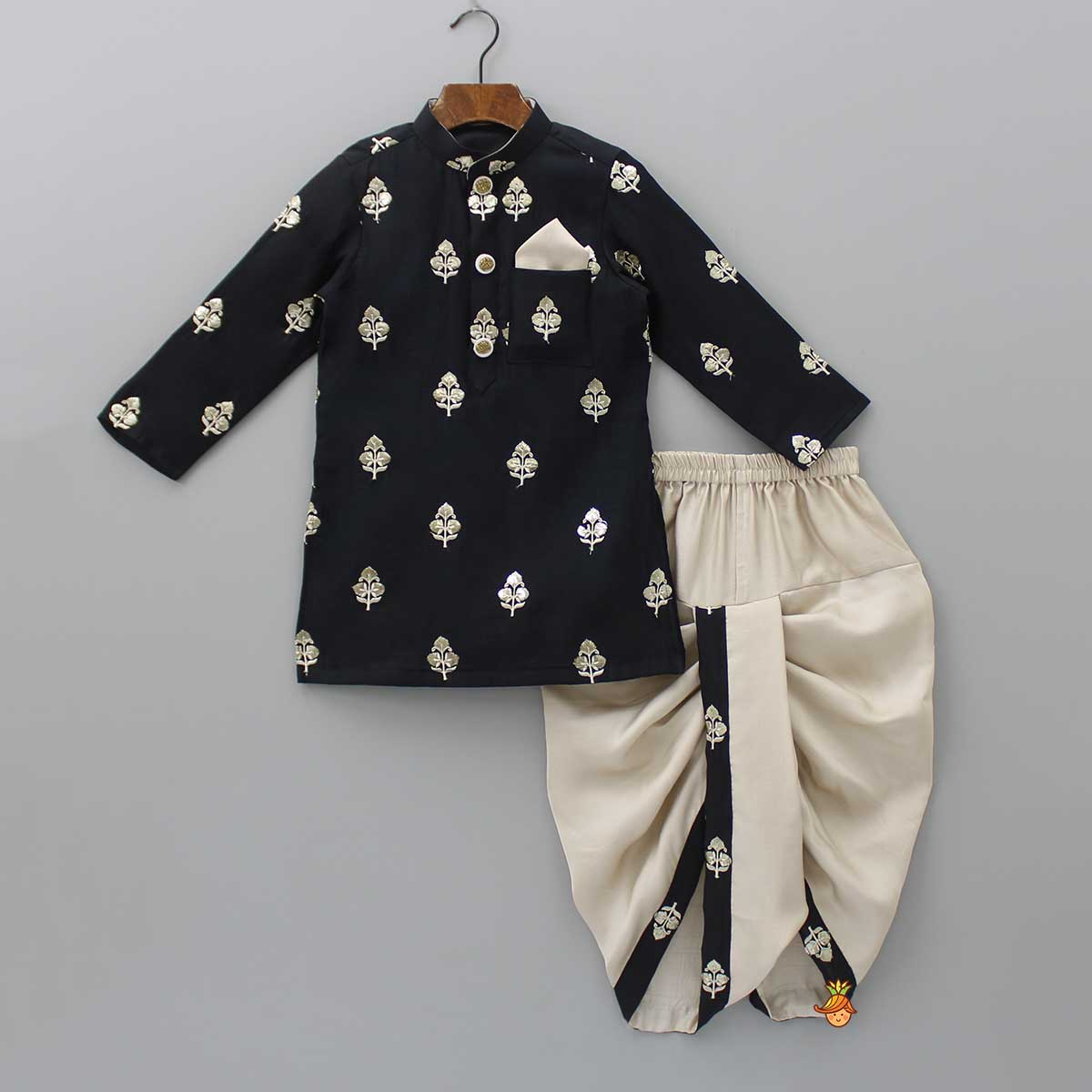 Embroidered Black Kurta And Beige Dhoti