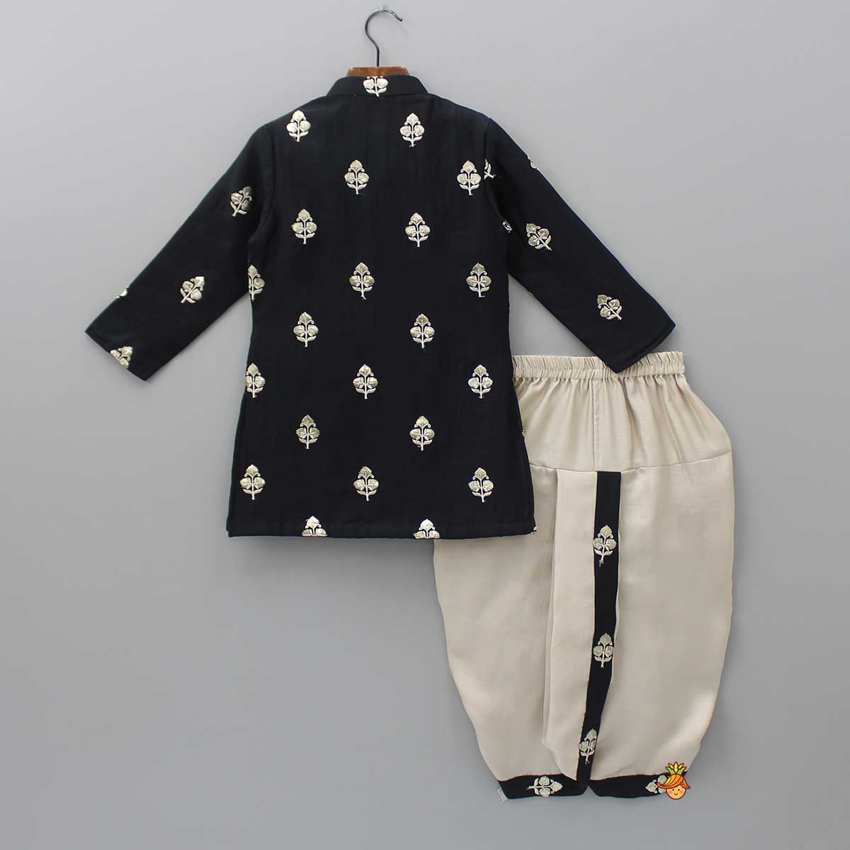 Embroidered Black Kurta And Beige Dhoti
