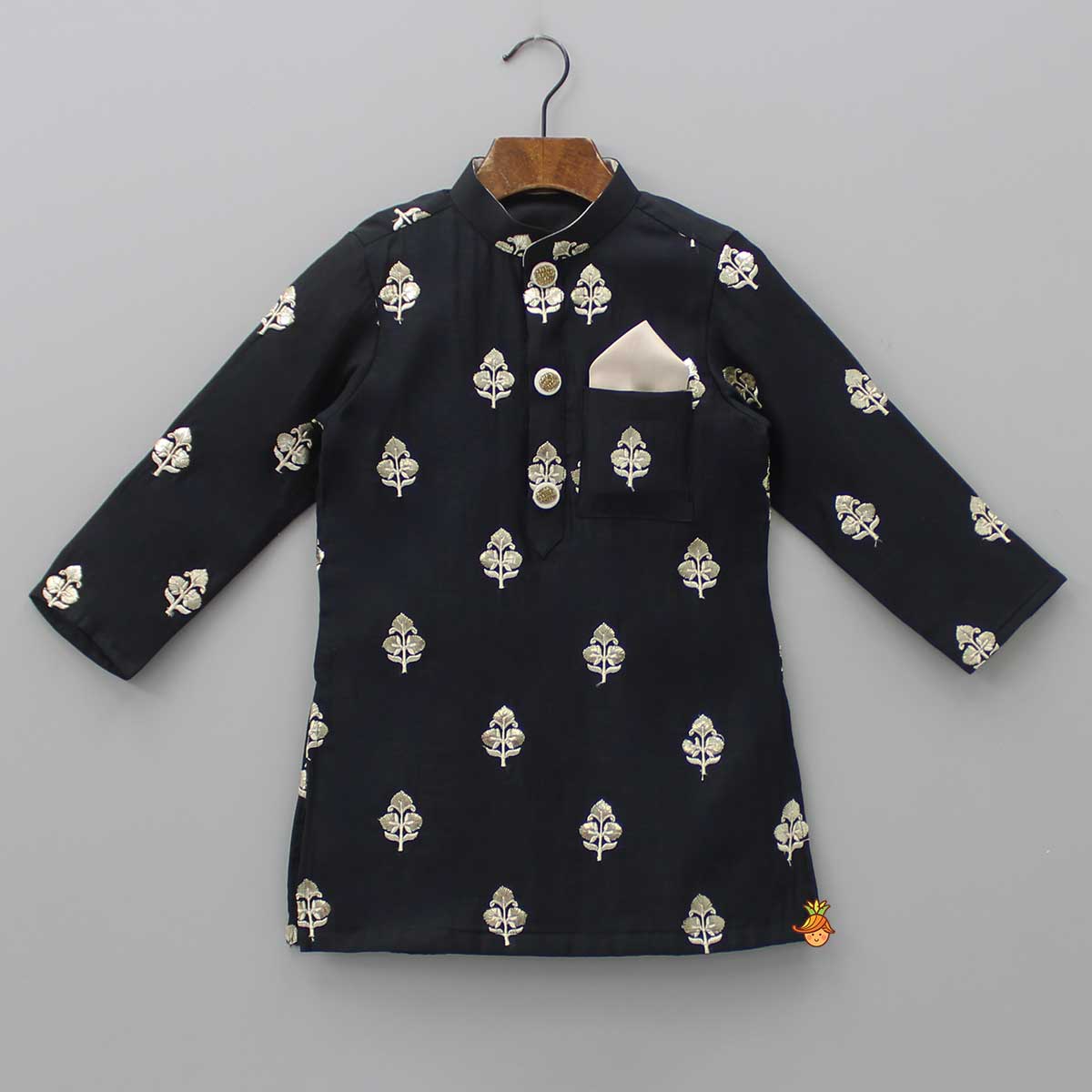 Embroidered Black Kurta And Beige Dhoti