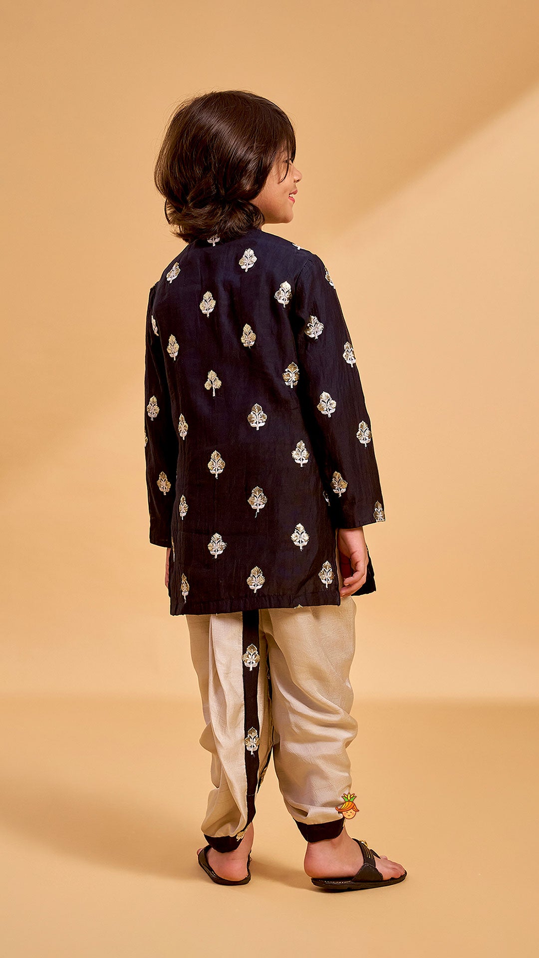 Embroidered Black Kurta And Beige Dhoti