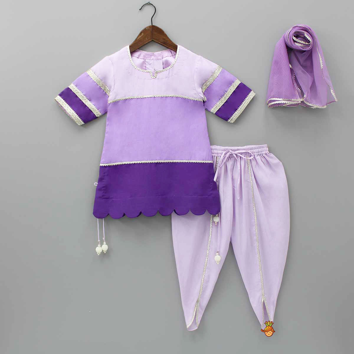 Purple Colour Blocked Lace Work Kurti With Dhoti And Net Dupatta