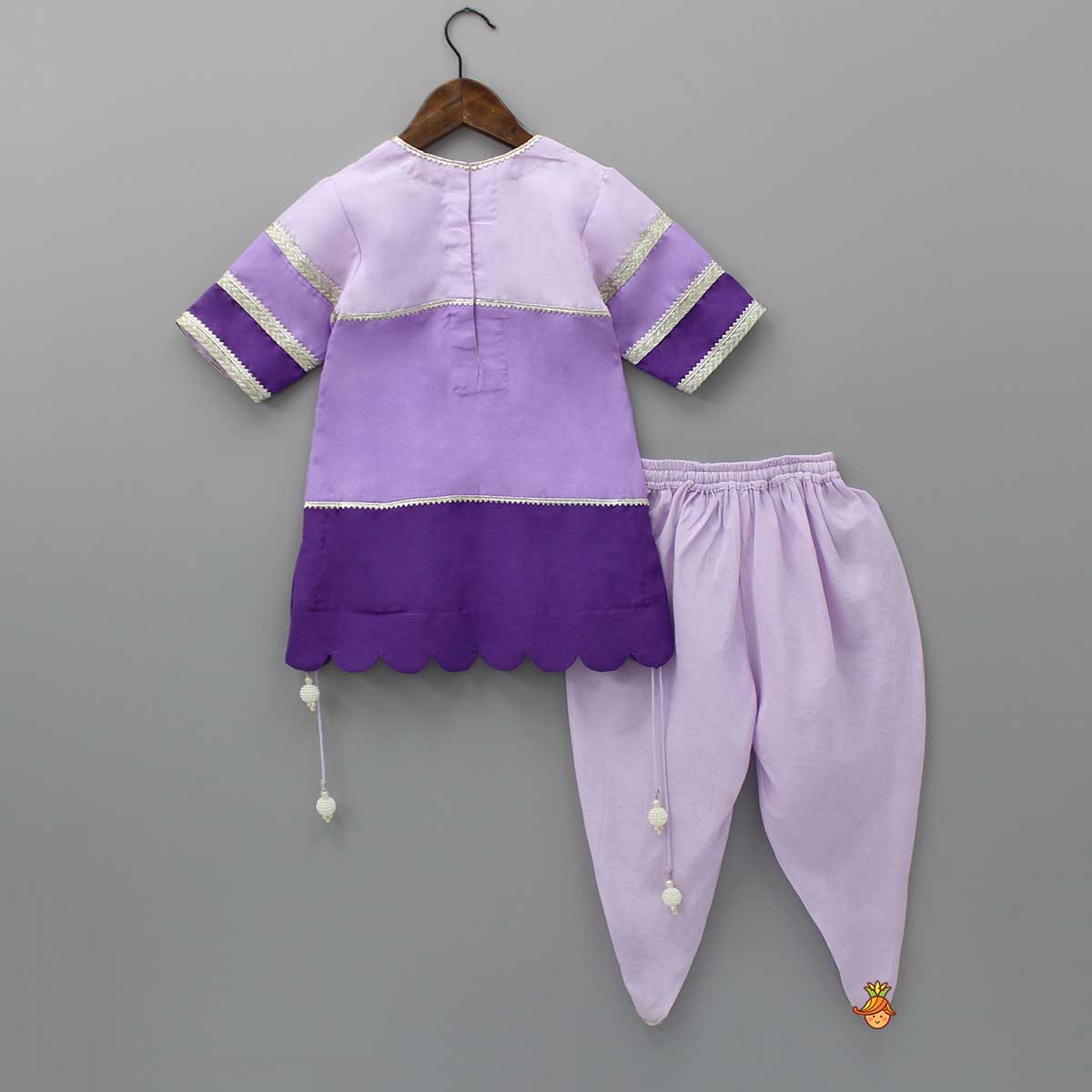Purple Colour Blocked Lace Work Kurti With Dhoti And Net Dupatta