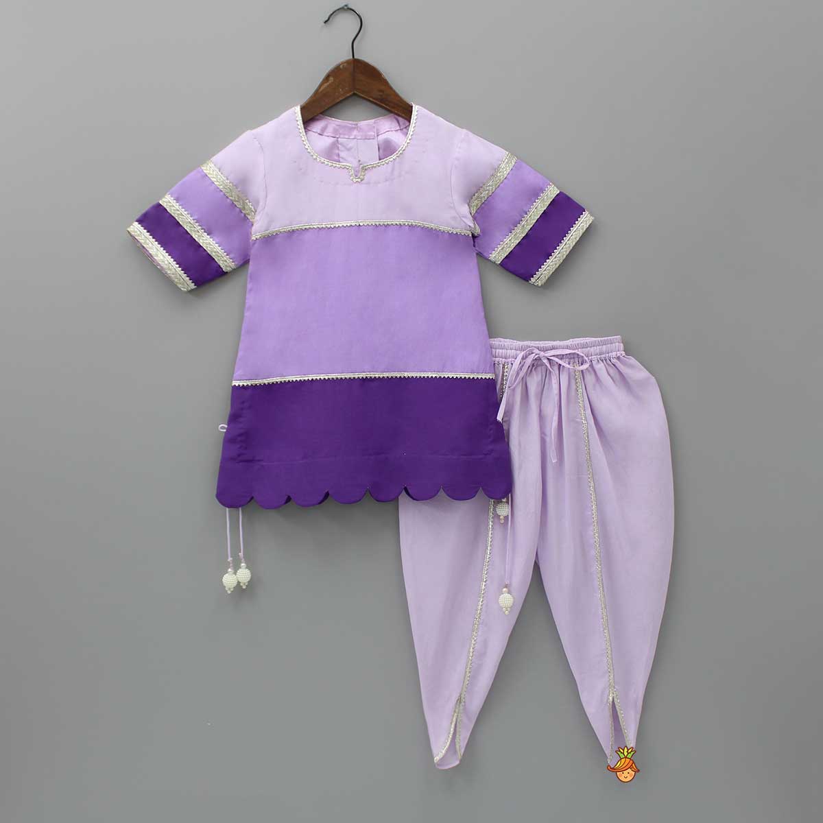 Purple Colour Blocked Lace Work Kurti With Dhoti And Net Dupatta