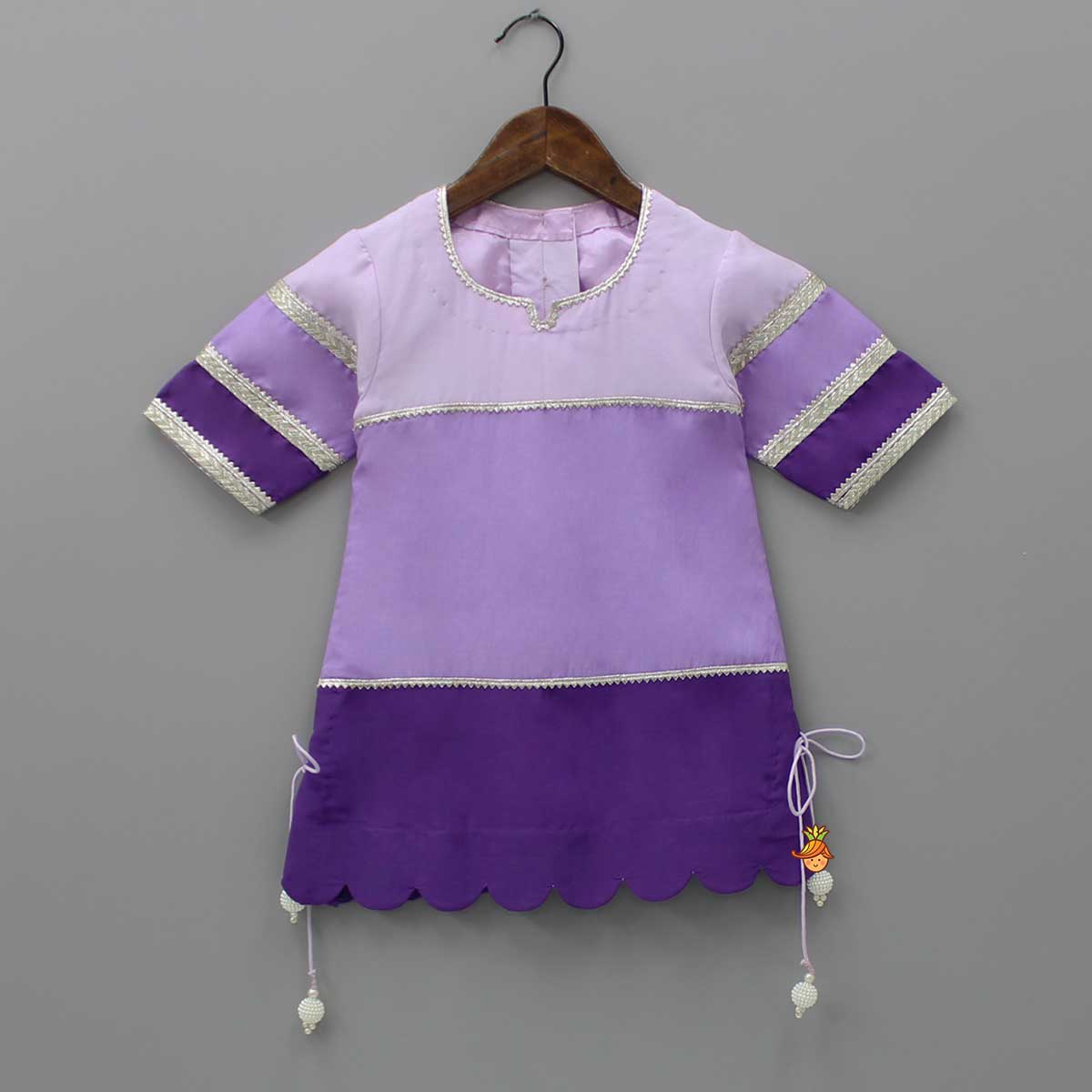 Purple Colour Blocked Lace Work Kurti With Dhoti And Net Dupatta