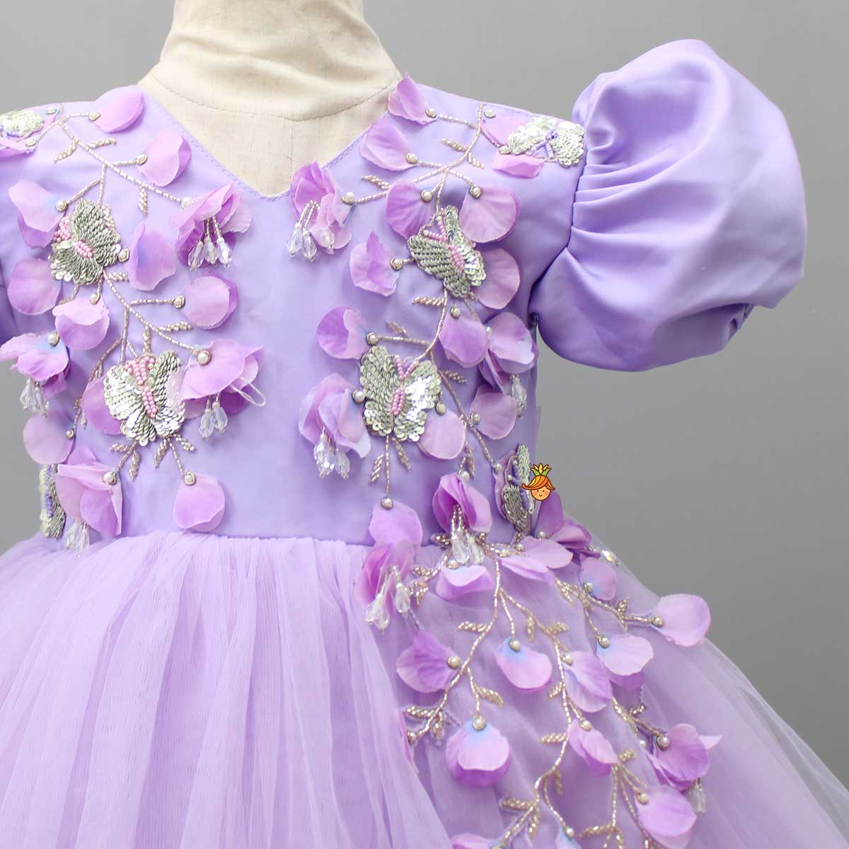 Embroidered Puff sleeves Purple Dress