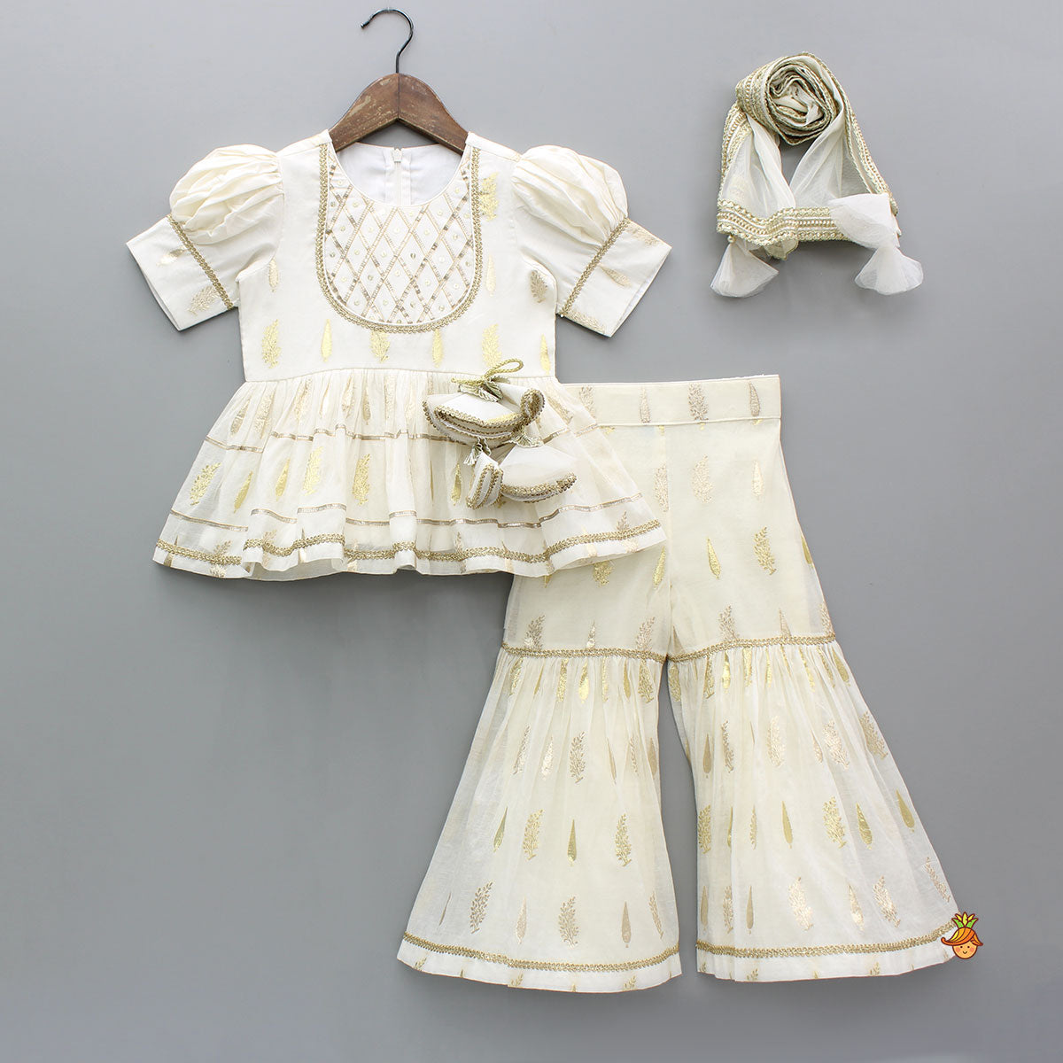 Chanderi Embroidered Ivory Top And Sharara With Net Dupatta