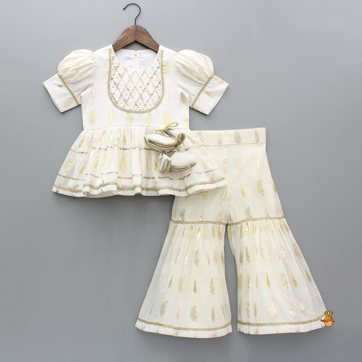 Chanderi Embroidered Ivory Top And Sharara With Net Dupatta