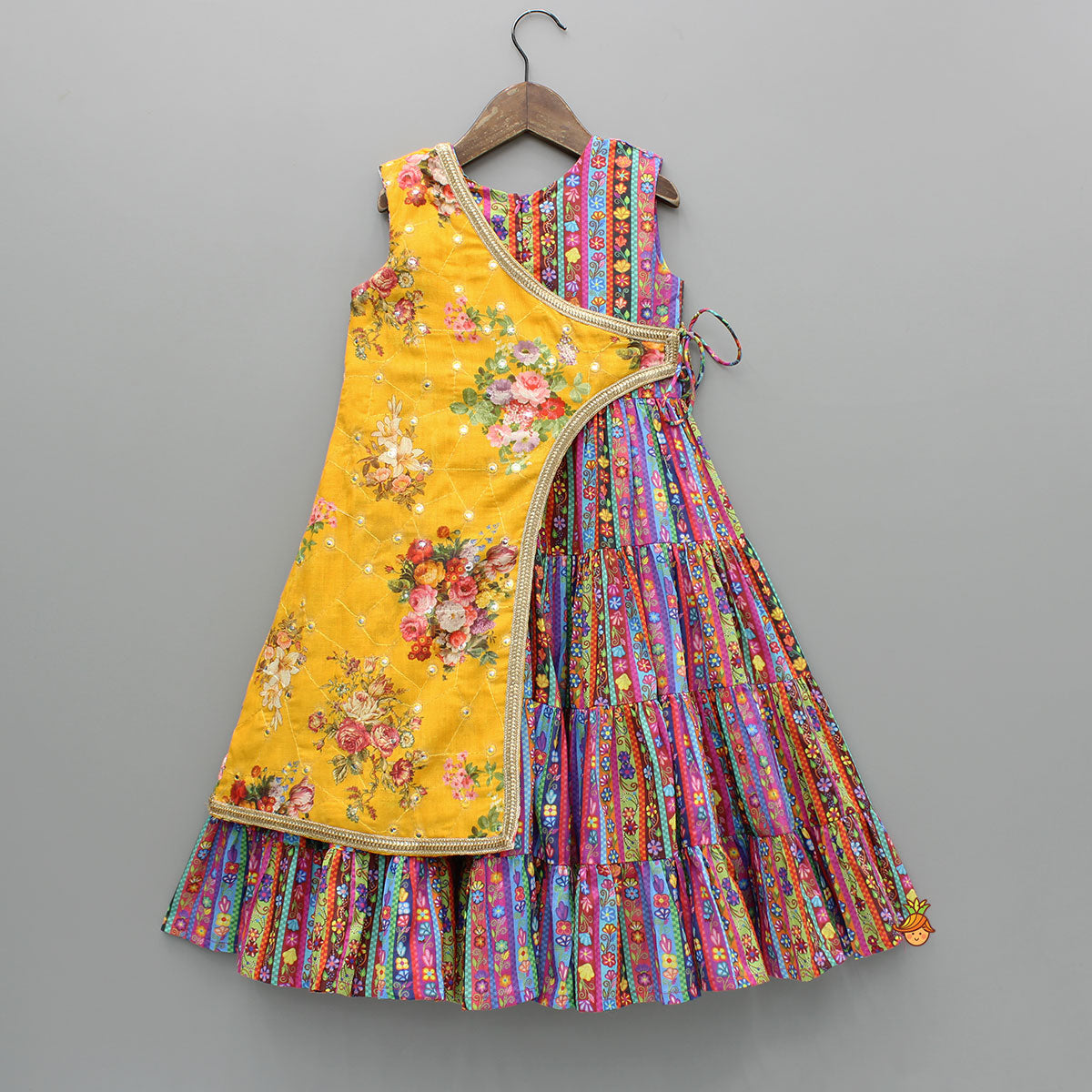 Faux Mirror One-Sided Flap Multicolour Ruffle Kurti