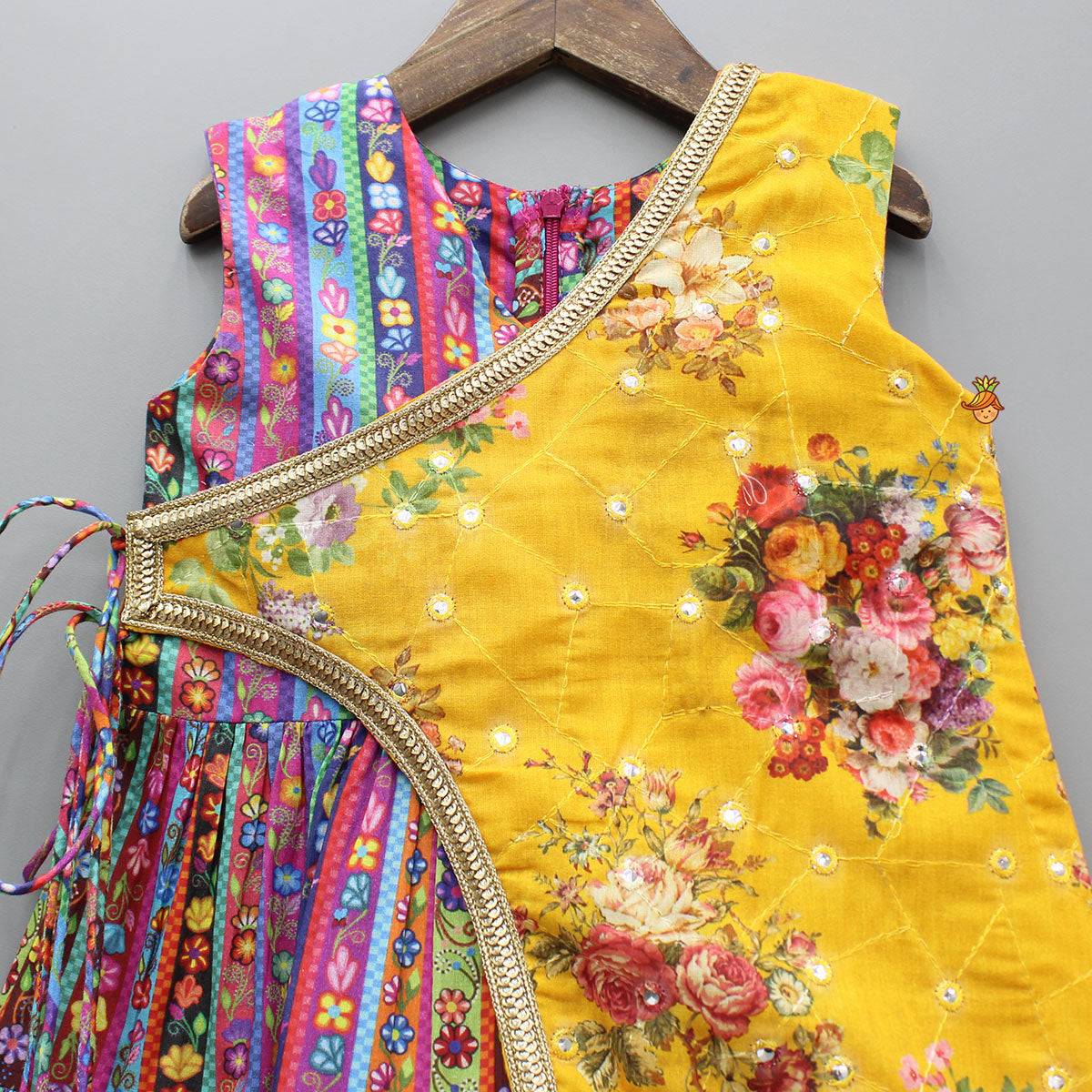 Faux Mirror One-Sided Flap Multicolour Ruffle Kurti