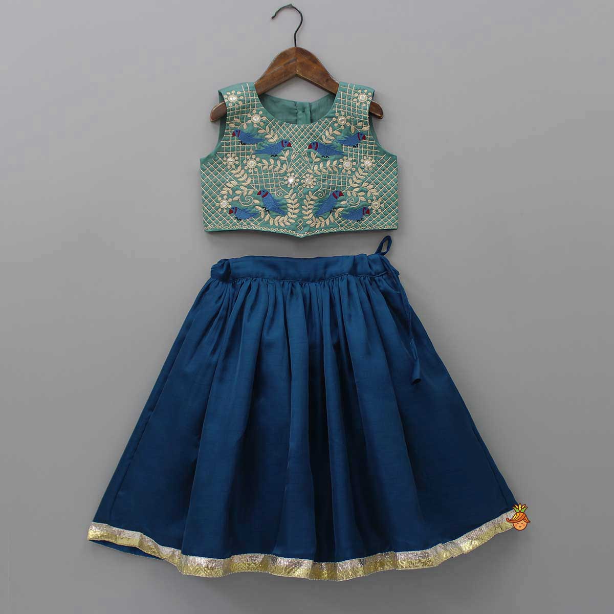 Green Top With Bird Embroidery And Lehenga