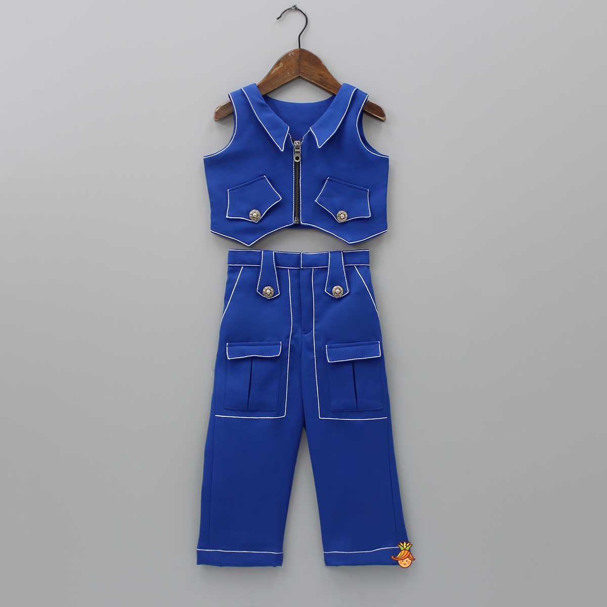 Collar Neck Blue Top And Pocket Detail Pant