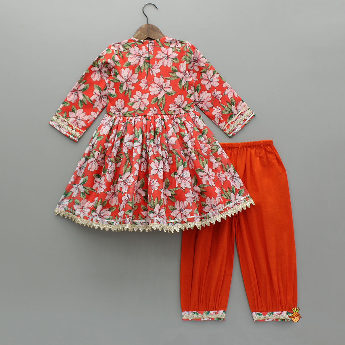 Embroidered Orange Kurti With Pant And Net Dupatta