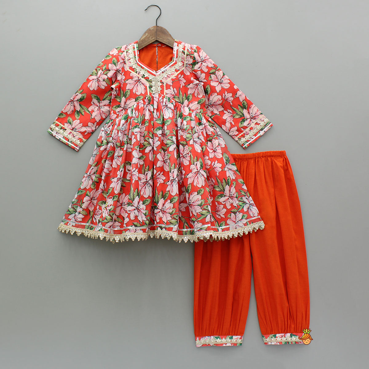 Embroidered Orange Kurti With Pant And Net Dupatta