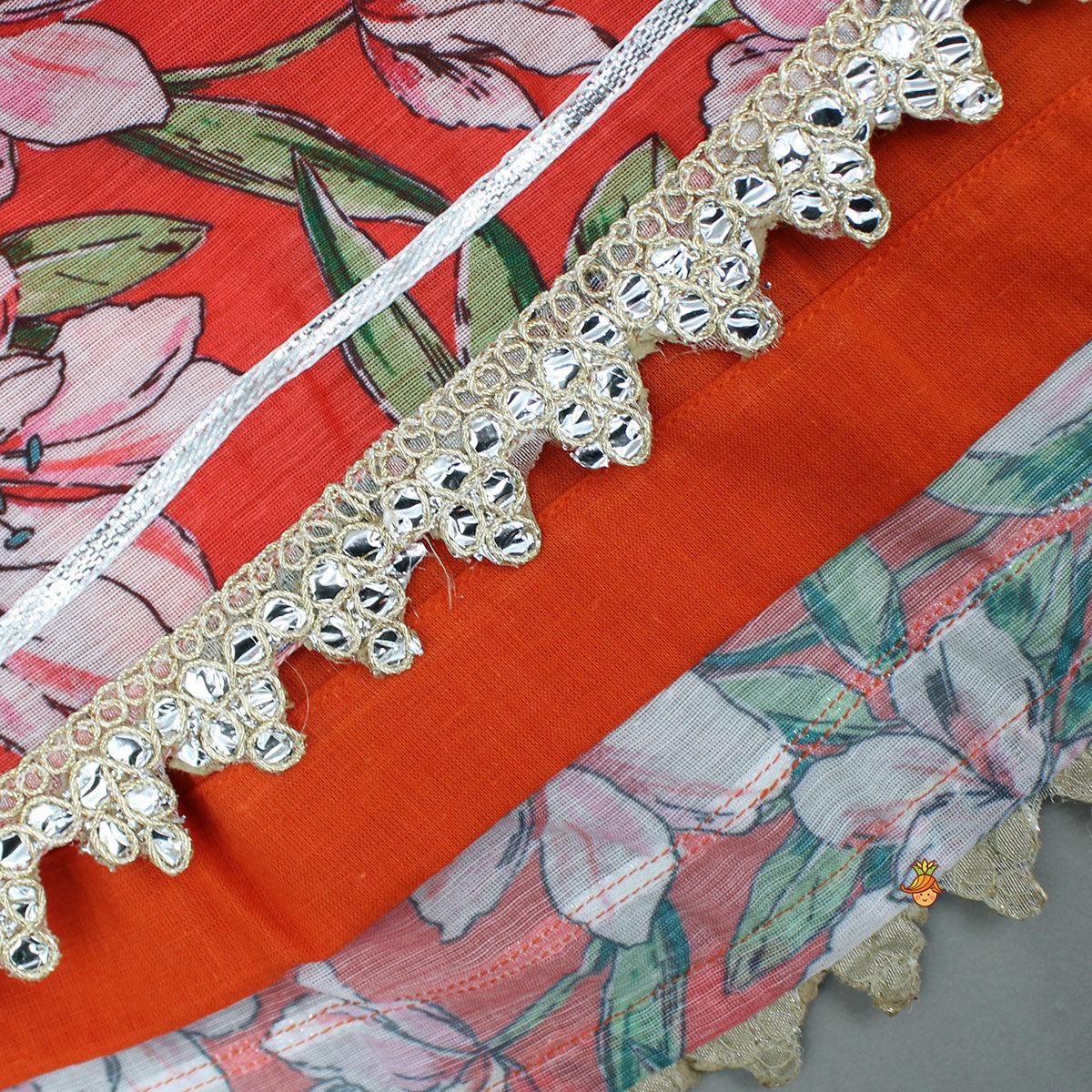 Embroidered Orange Kurti With Pant And Net Dupatta