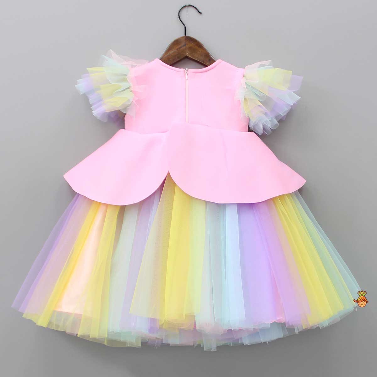 Pink Dress With Multicolour Net and Unicorn Beaded Brooch
