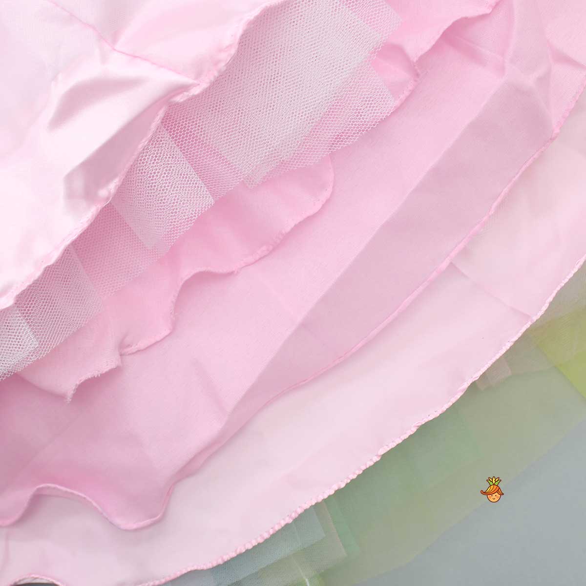 Pink Dress With Multicolour Net and Unicorn Beaded Brooch