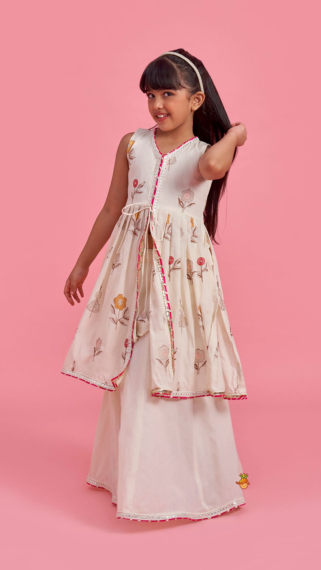 Floral Embroidered Front Open Tie Up Pleated Kurti With Lehenga