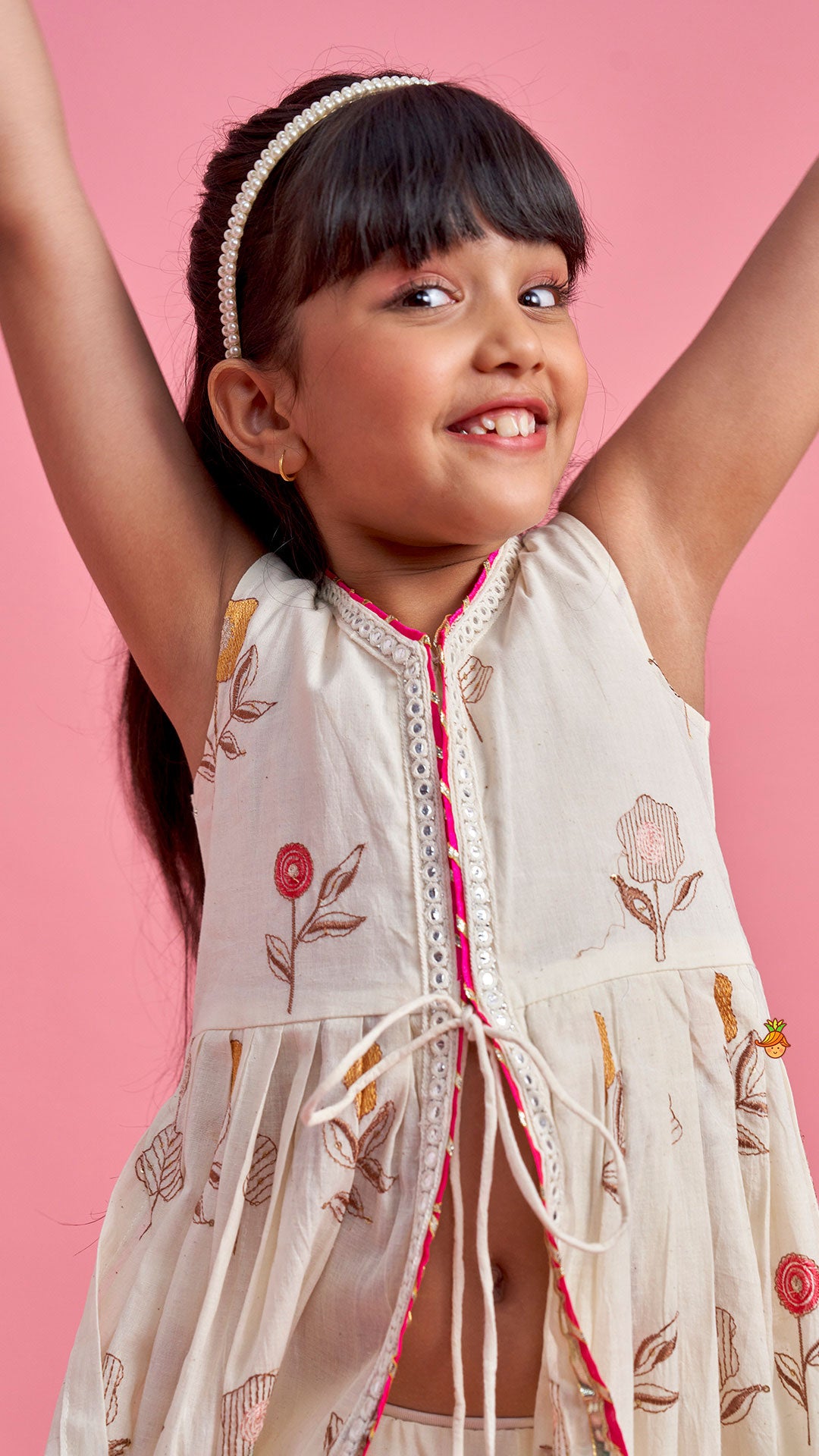 Floral Embroidered Front Open Tie Up Pleated Kurti With Lehenga