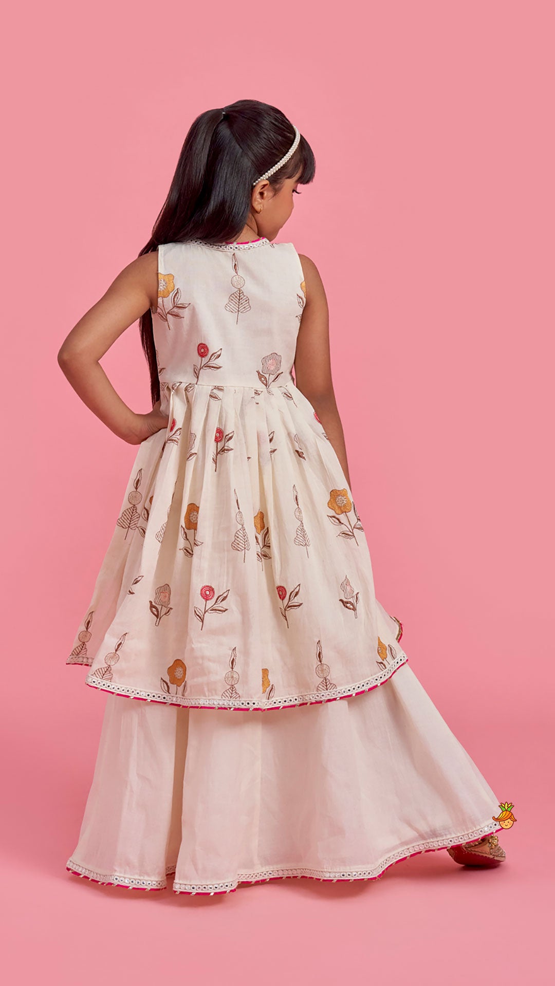 Floral Embroidered Front Open Tie Up Pleated Kurti With Lehenga