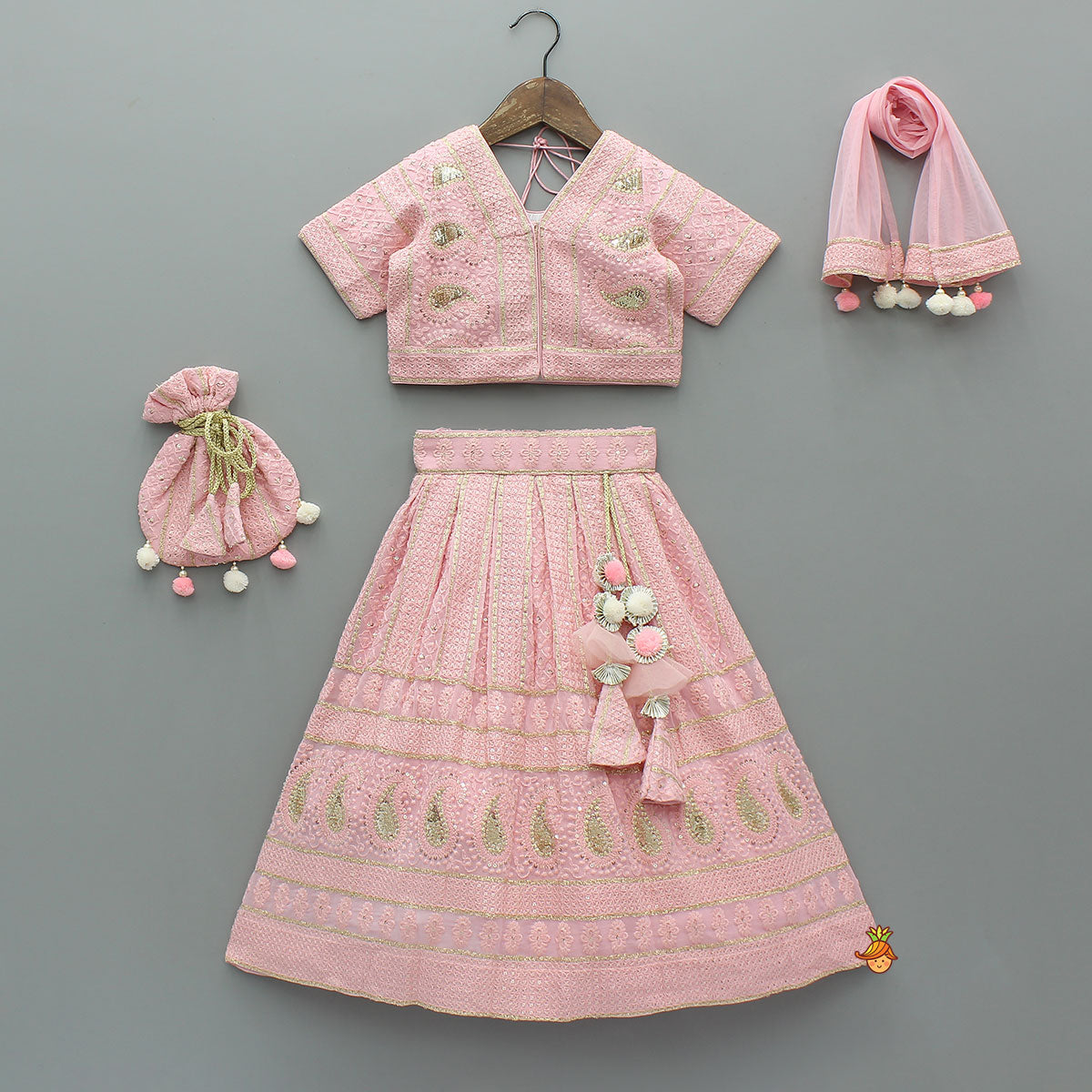 Embroidered Top And Lehenga With Matching Potli And Net Dupatta