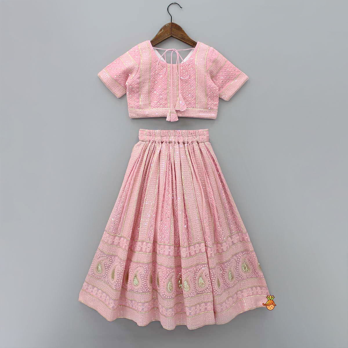 Embroidered Top And Lehenga With Matching Potli And Net Dupatta