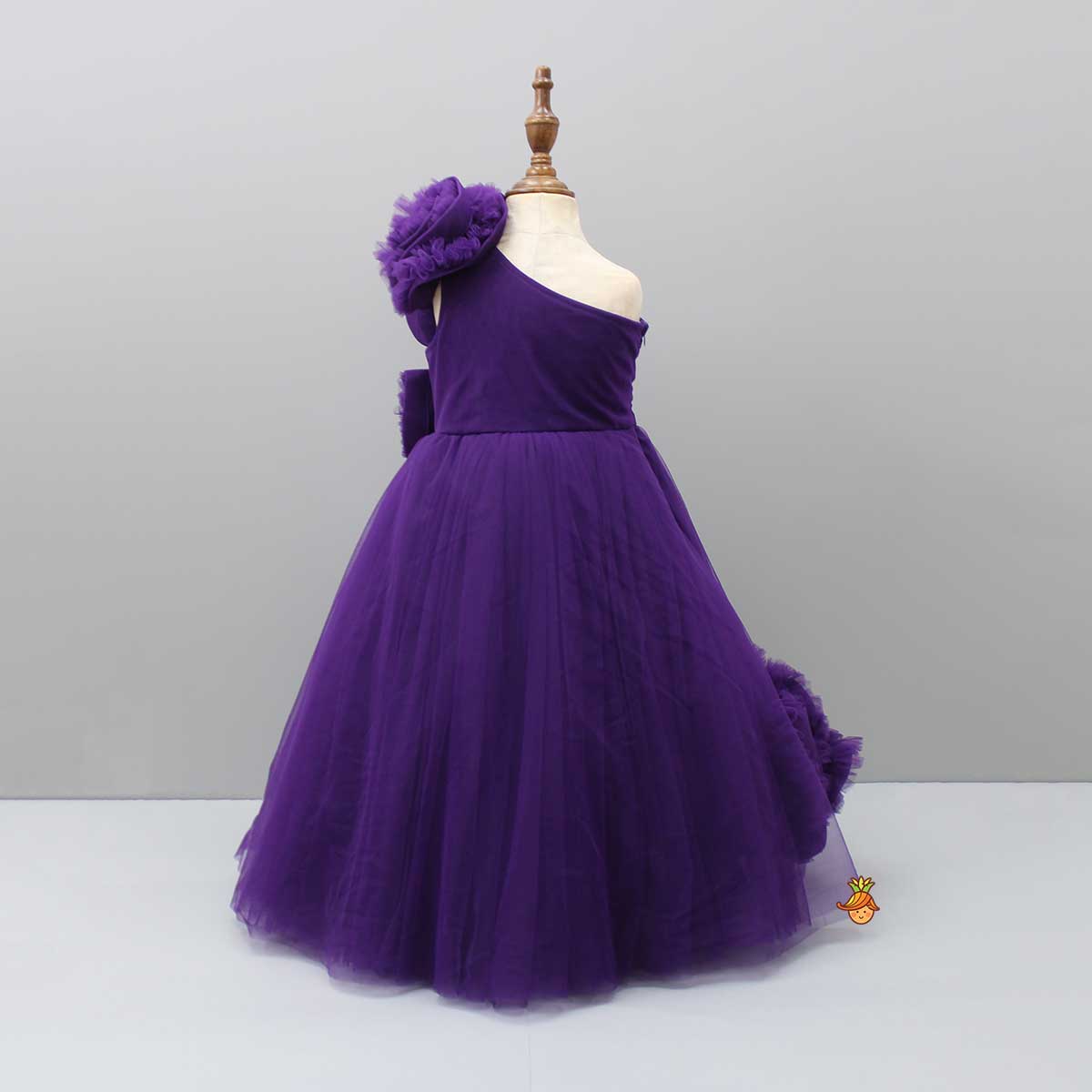 Purple One Shoulder Ruffle Net Gown