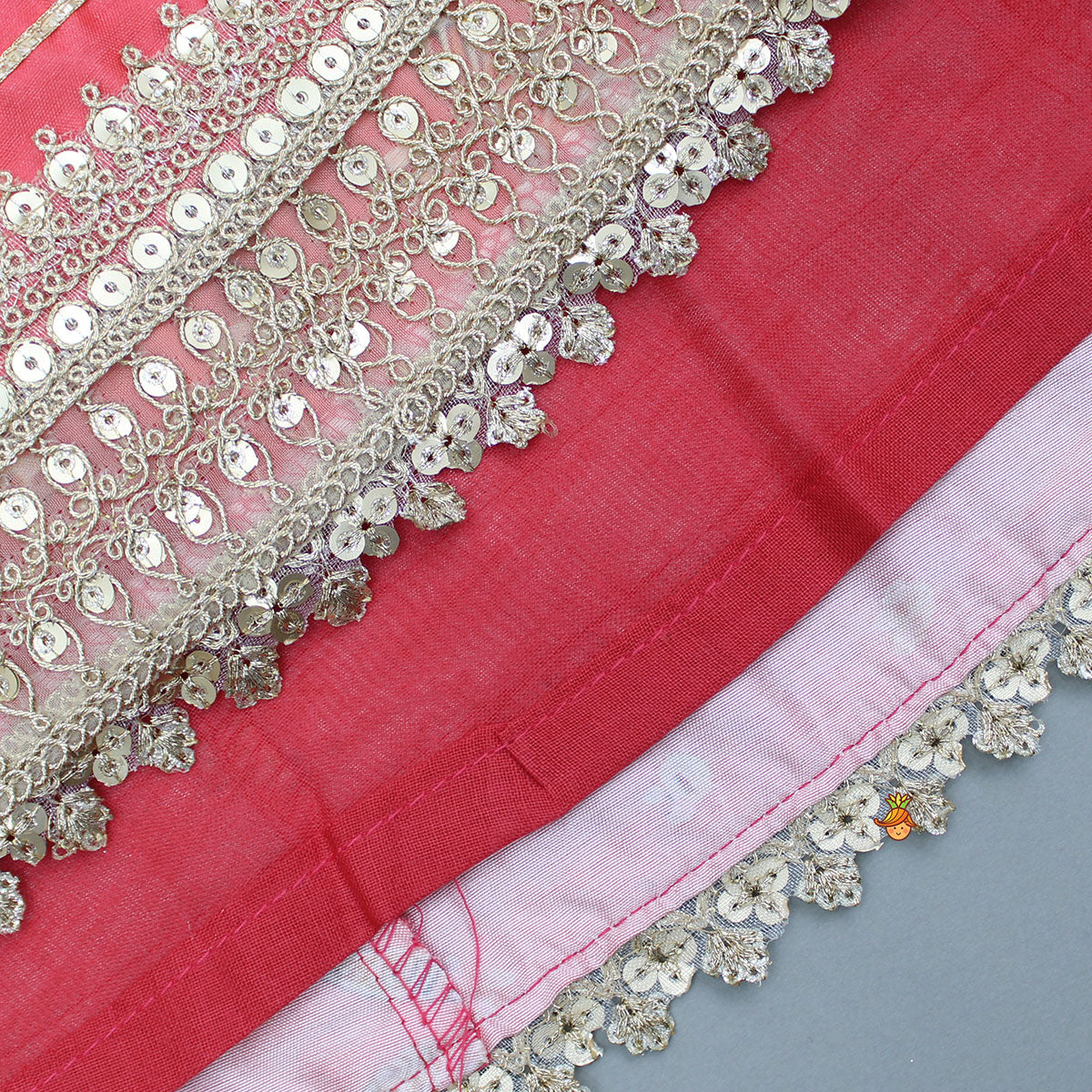 V Neck Peach Top And Printed Lehenga With Hair Band