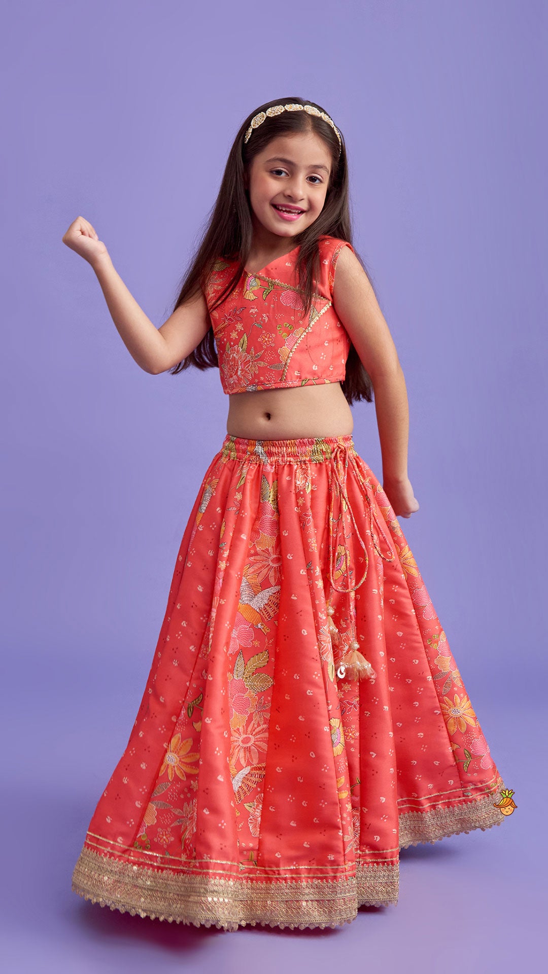 V Neck Peach Top And Printed Lehenga With Hair Band