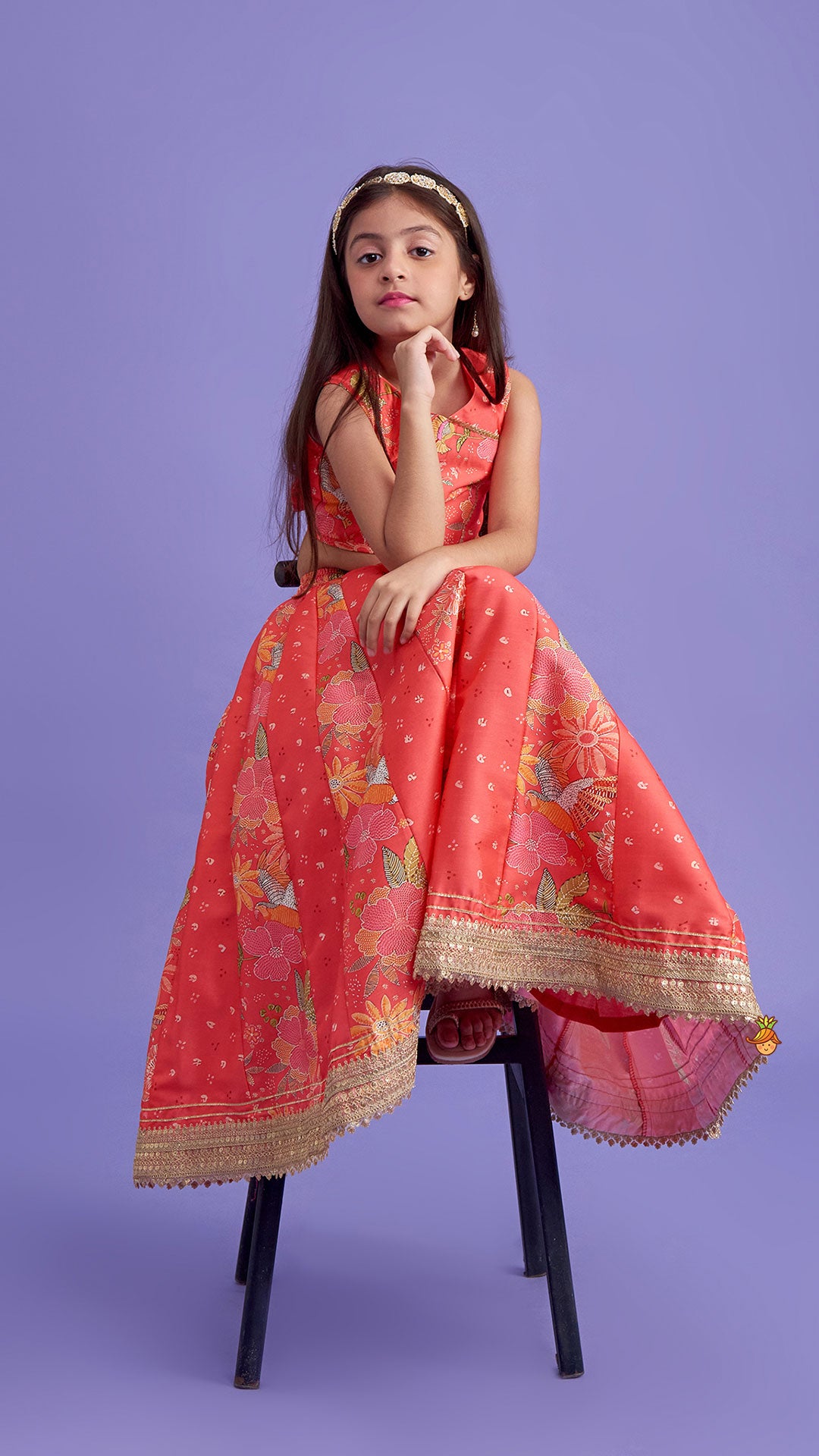 V Neck Peach Top And Printed Lehenga With Hair Band