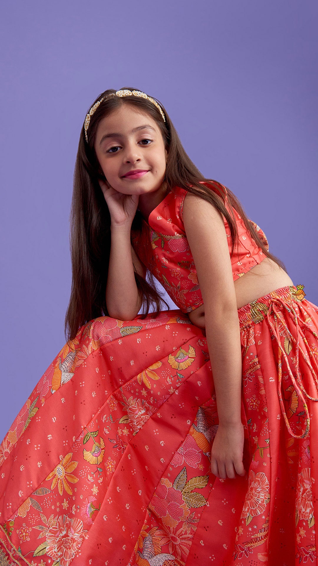 V Neck Peach Top And Printed Lehenga With Hair Band