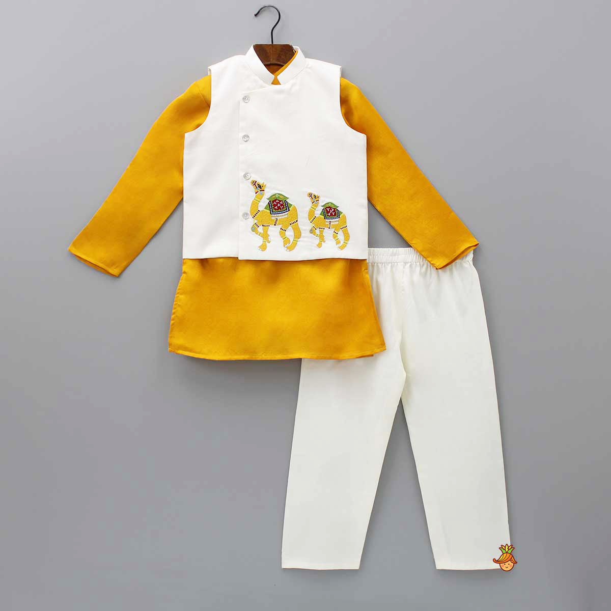 Mustard Kurta With Camel Embroidered Jacket And Pyjama