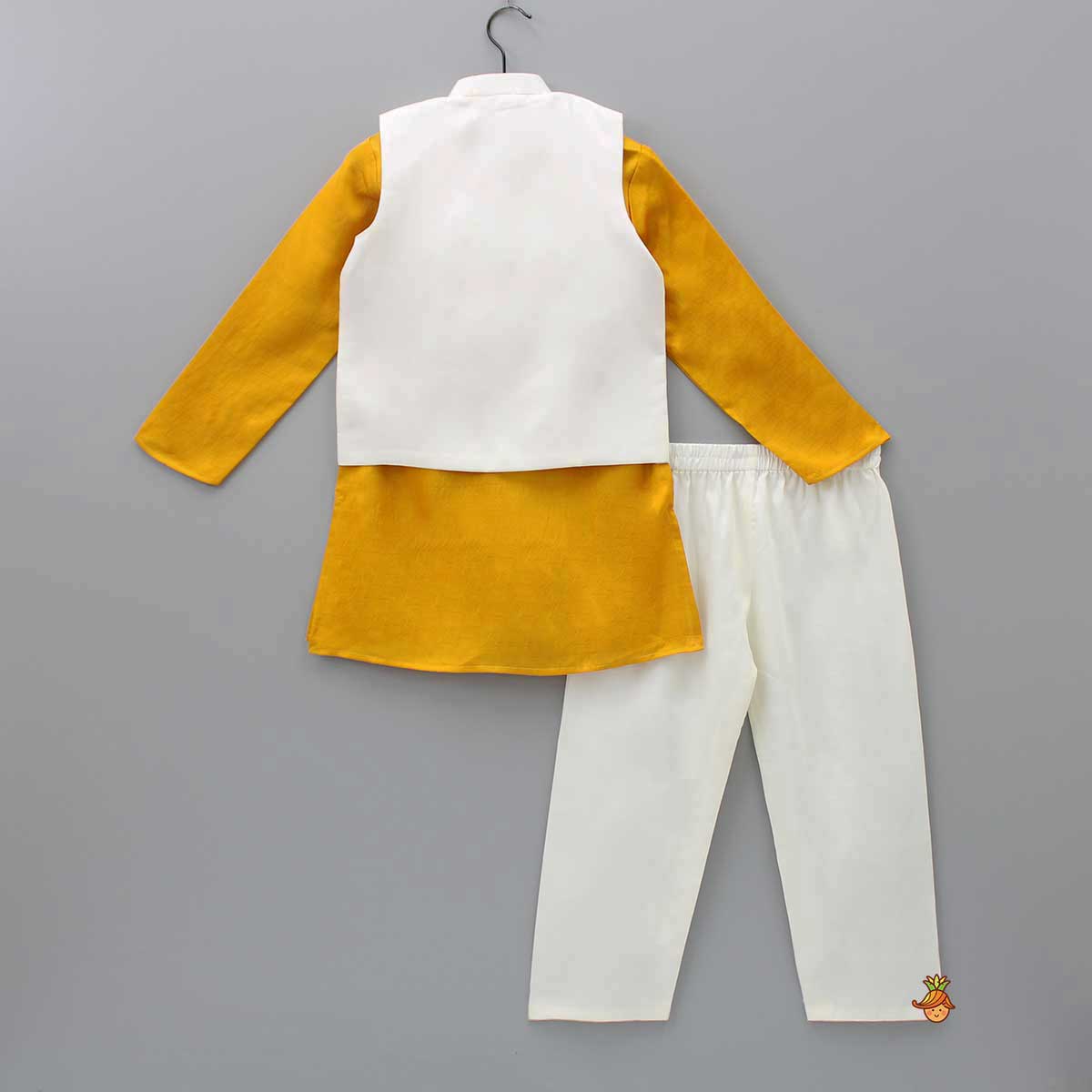 Mustard Kurta With Camel Embroidered Jacket And Pyjama